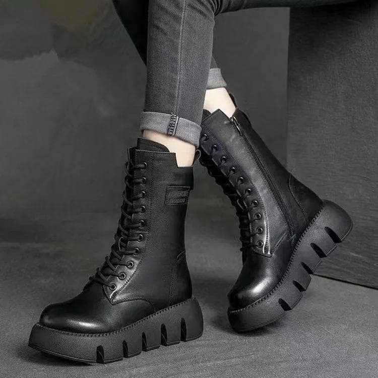 Fashion Women's Leather Boots High Top Casual Cotton Boot Plush Warm Winter Boots for Women Non Slip Platform Boots Botas Mujer 37 black