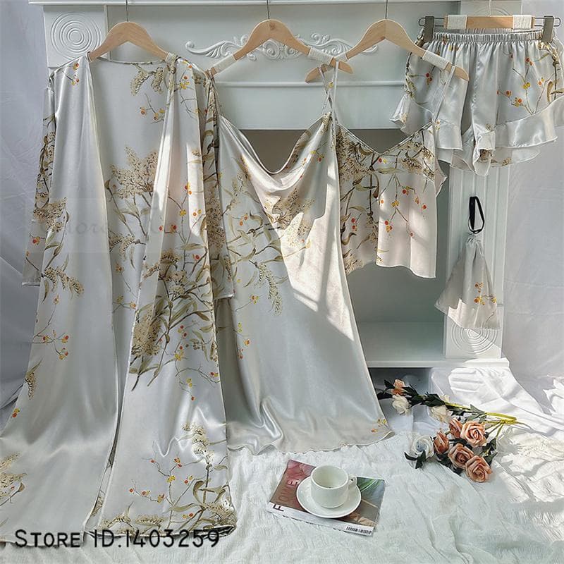 New Female 4PCS Pajamas Set Spring Summer Satin Sleepwear Intimate Lingerie Print Cherry Flower Nightgown Loose Home Clothes S