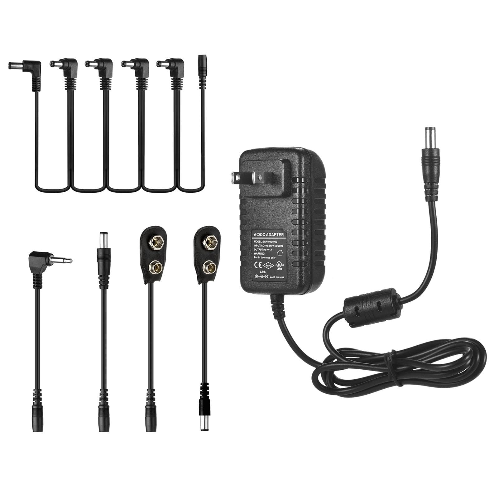 Caline CP-07A Guitar Effects Power Supply Adapter DC 9V 1A with 5-Way Daisy Chain Cable Reversed US Plug black