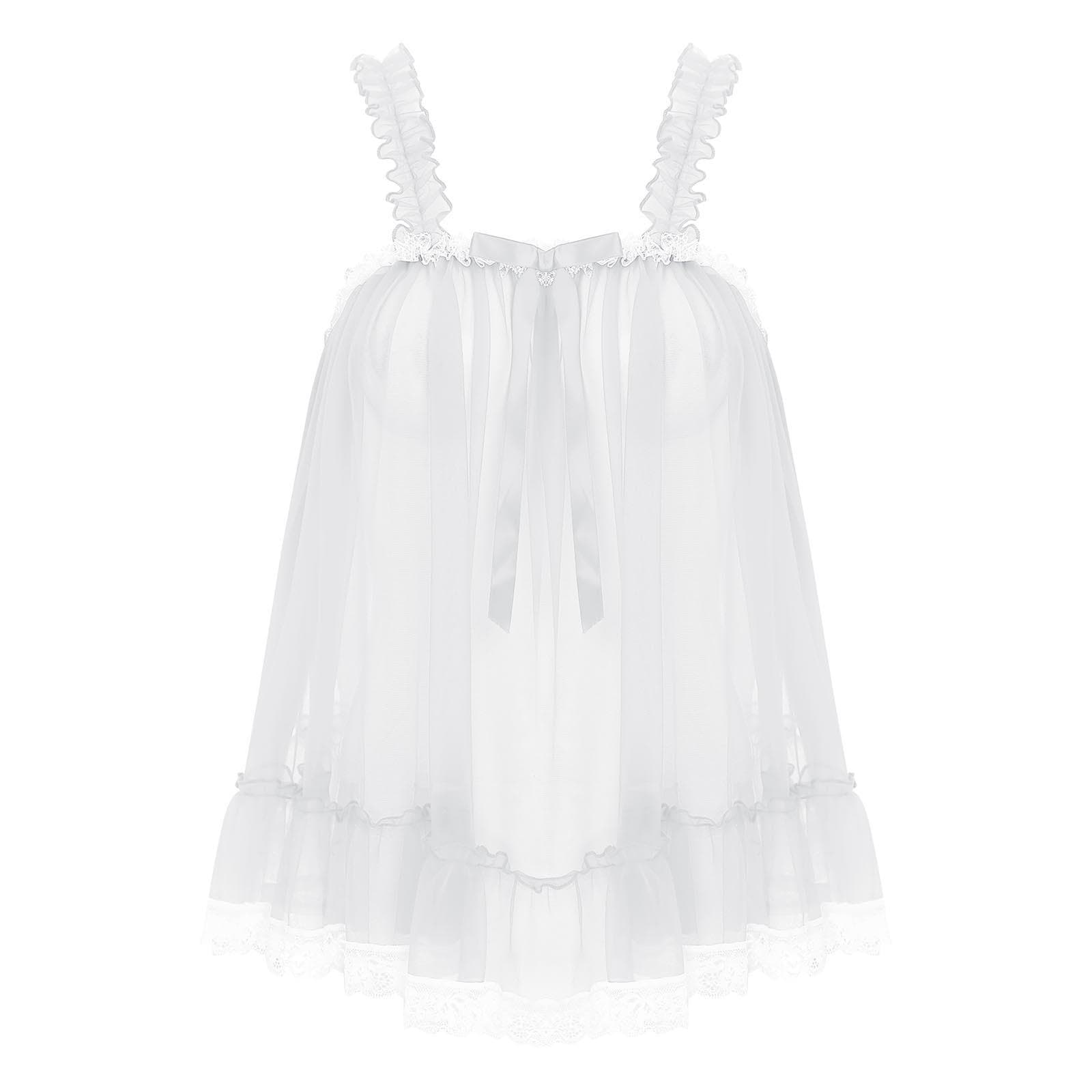Womens Sheer Mesh Ruffle Strap Camisole Lace Trim See-Through Nightclub Top Bow Accent Sultry Evening Party Slip Blouse XXL white