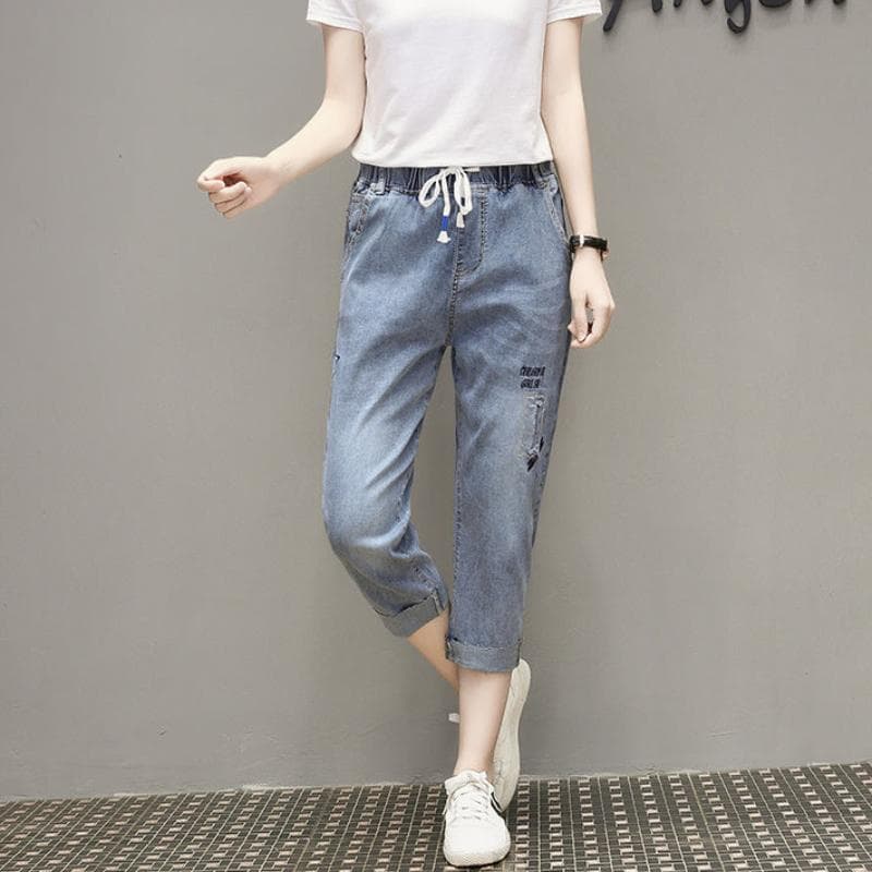 Large Size Elastic Waist Embroidered Cropped Jeans Women's High Waist Stretch Harem Pants 5XL