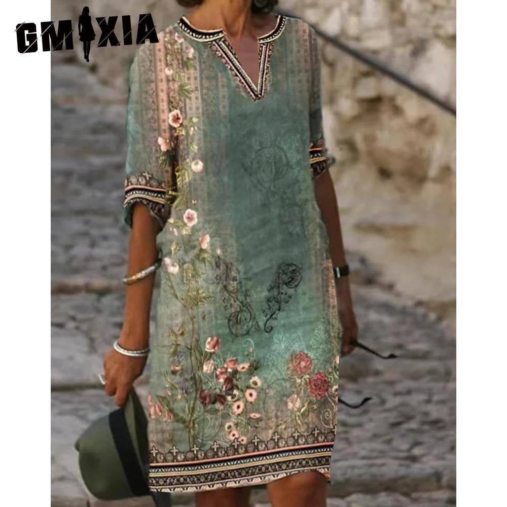 GMXIA Women Sexy V Neck T-Shirt Dress Summer Women Short Sleeve Top Women Slim Midi Dress Beach Skirt Print Dress Casual Dress XXXXXL
