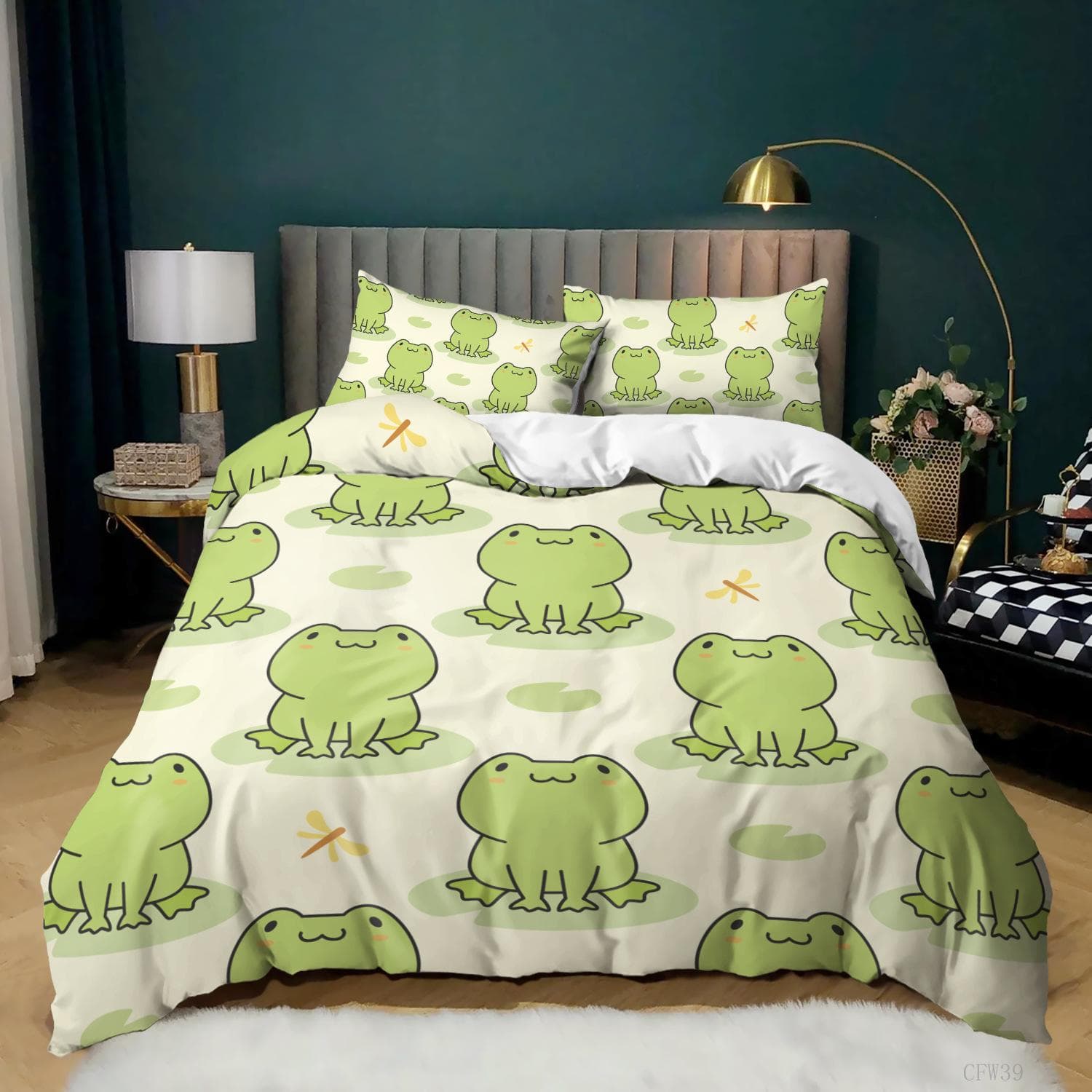 Cartoon Frog Duvet Cover Set Light Green Cartoon Frogs Cute Dragonfly Animal Bedding Set For Kid Twin Size Polyester Quilt Cover 140x200cm 3pcs