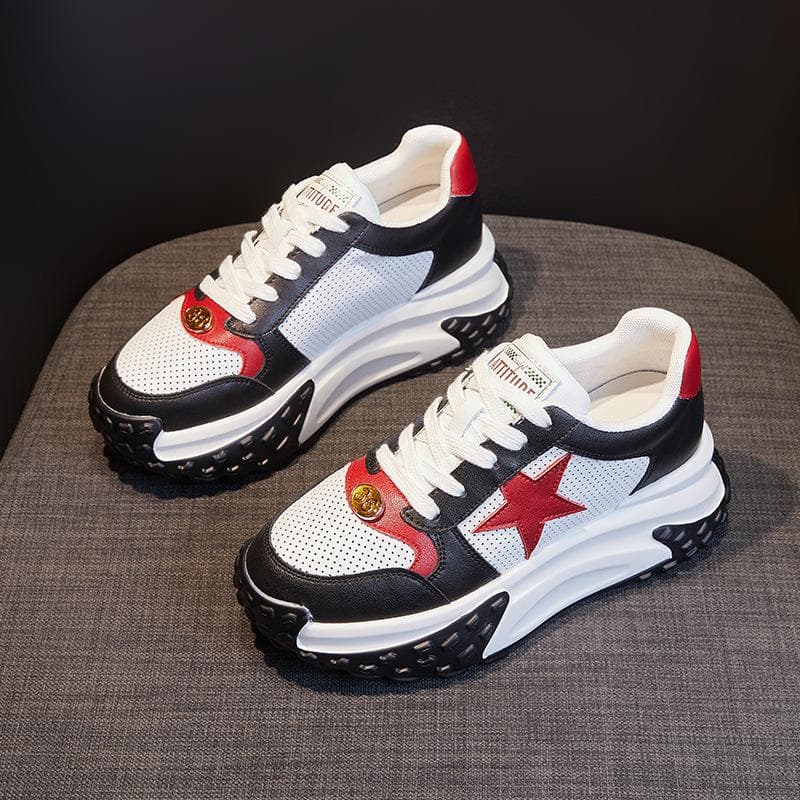 Inner Height Daddy Shoe Girl New Spring Single Shoes Platform Athleisure Shoes Genuine Leather Muffin Women's Shoes 39 black