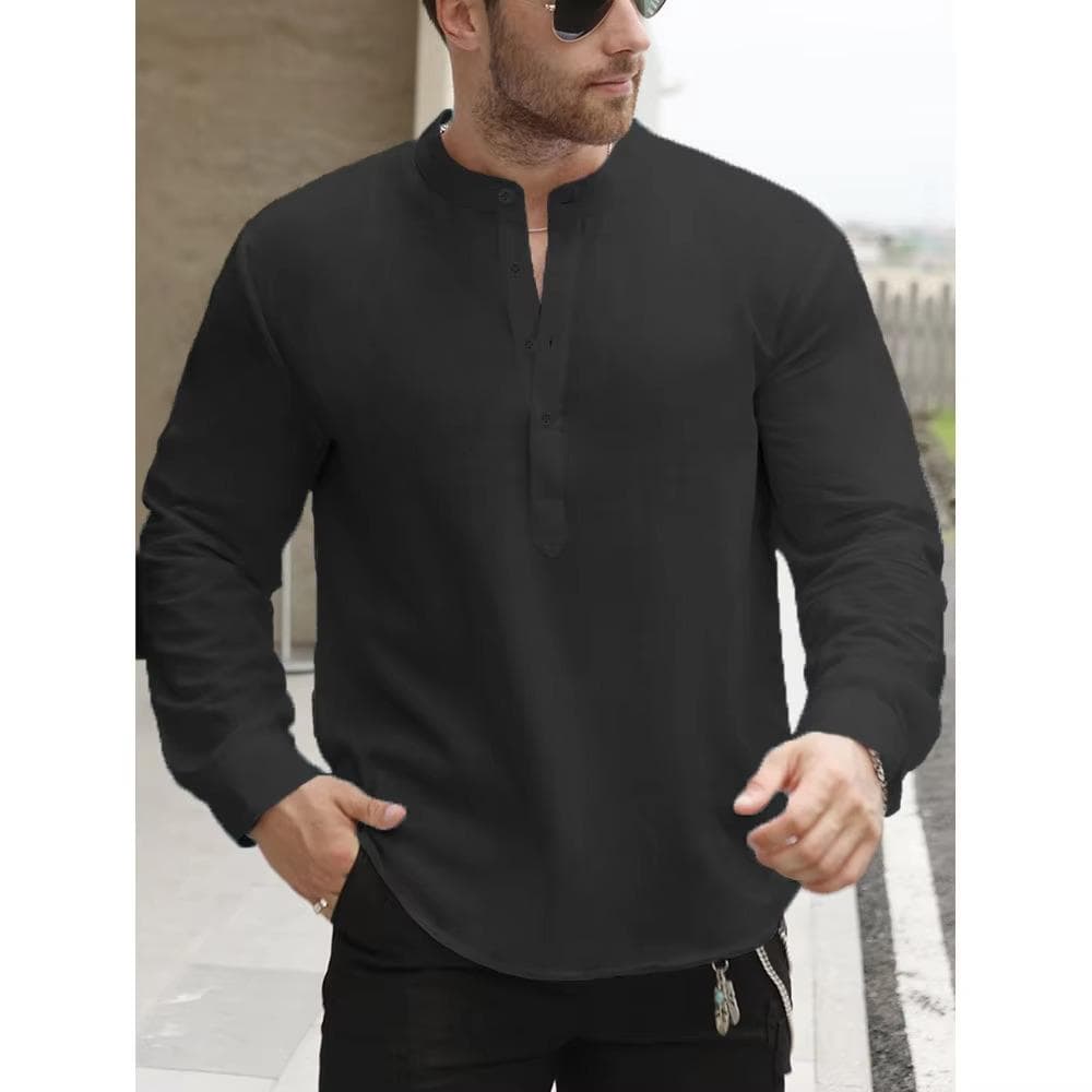 Premium White Cotton Linen Henley Shirts for Men Lightweight Long Sleeve Casual Streetwear Everyday Wear US L 70-80 KG black