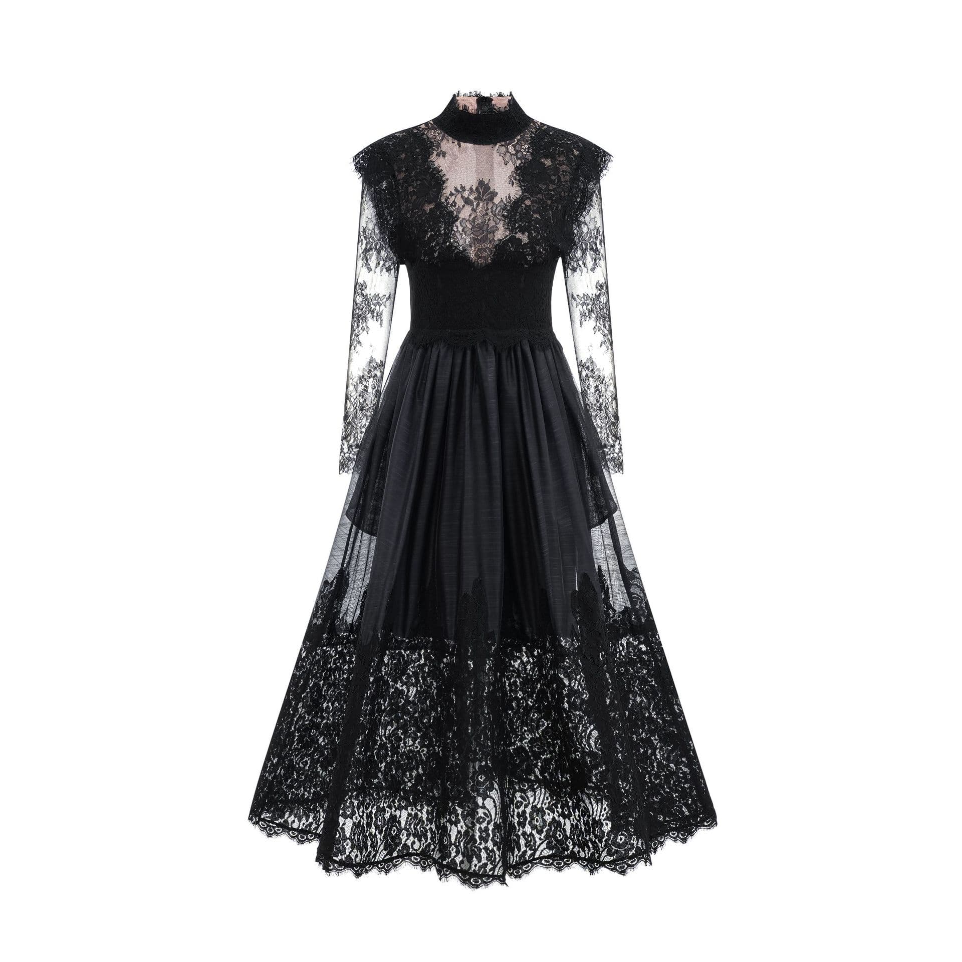Long Sleeve Lace Semi-turtleneck Splicing Dress Sweet Temperament Elegant Long Gala Dress Skirt S black