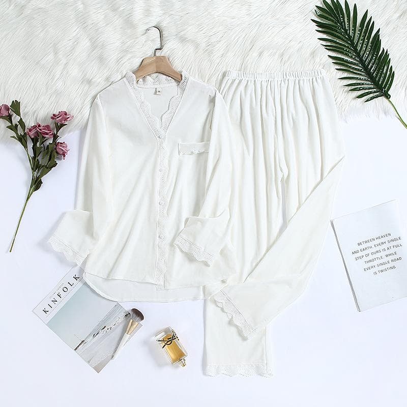 2PCS Velvet Pajamas Set for Women Winter Warm Pyjama Sexy Female Velor V-neck Lace Homewear Autumn New Long Pant Pijamas Suit XL white