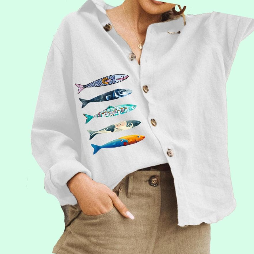 Women Fashion Button Down Shirt Casual Cotton Linen Top Ladies Fish Print Blouse S white