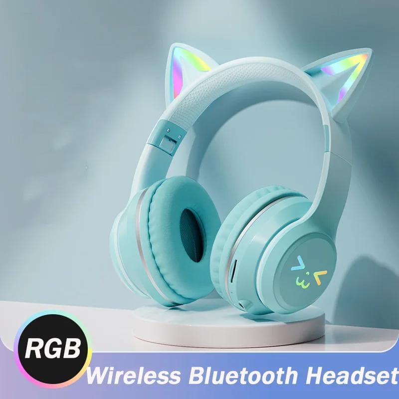 2024 New Cute Cat RGB Colour Lights Wireless Headphones Bluetooth 5.1 Stereo Music Gaming Headsets for Girls Kids Gift Headset with Microphone green