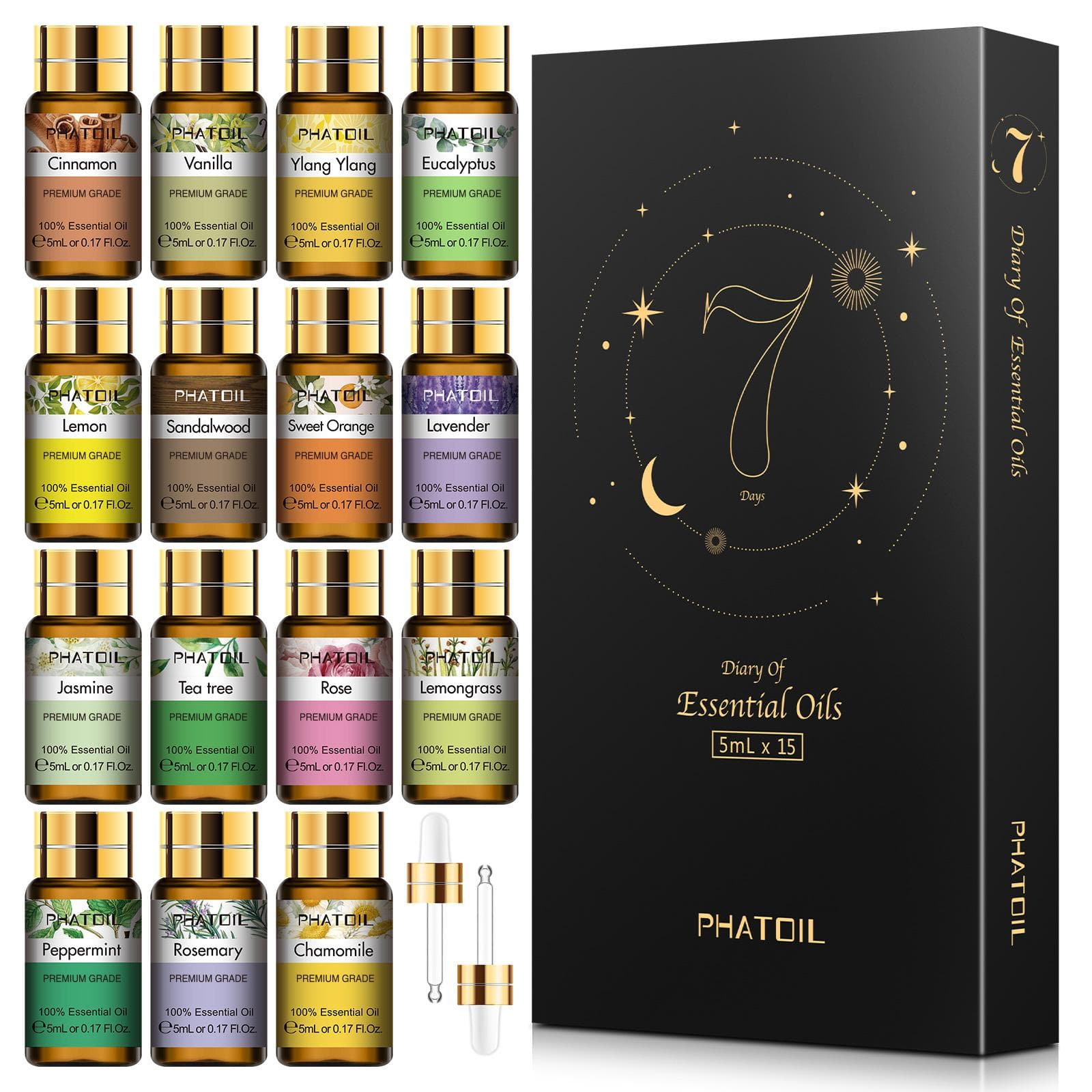 PHATOIL 15Pcs Essential Oils Gift Set for Aromatherapy Diffuser, Hair Growth, Skin Care, Massage, Yoga, Home Office Soap Candle Making 15pcs/set