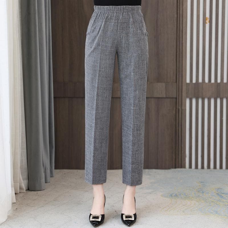 Summer High Waist Straight Pants for Women Plus Size Classic Elastic Waist Cotton Linen Trousers 4XL dark gray