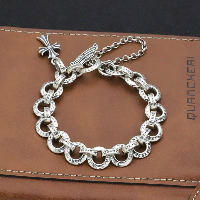 Retro Men's Silver Cross Letter Bracelet - Trendy Niche Jewelry 20cm; copper