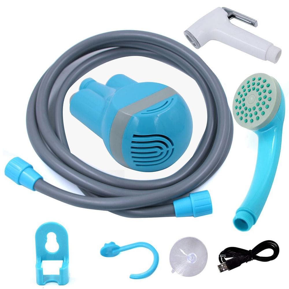 Portable Shower Outdoor/Indoor USB Charging Handheld Rechargeable Showerhead Pumps with 2 Nozzles lake blue