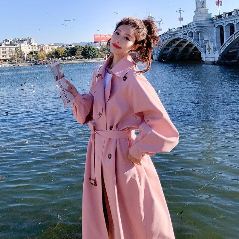 Spring and Autumn Pink Windbreaker Jacket Women's Mid-Length Belt Waisted Elegant Commuting Jacket XL pink