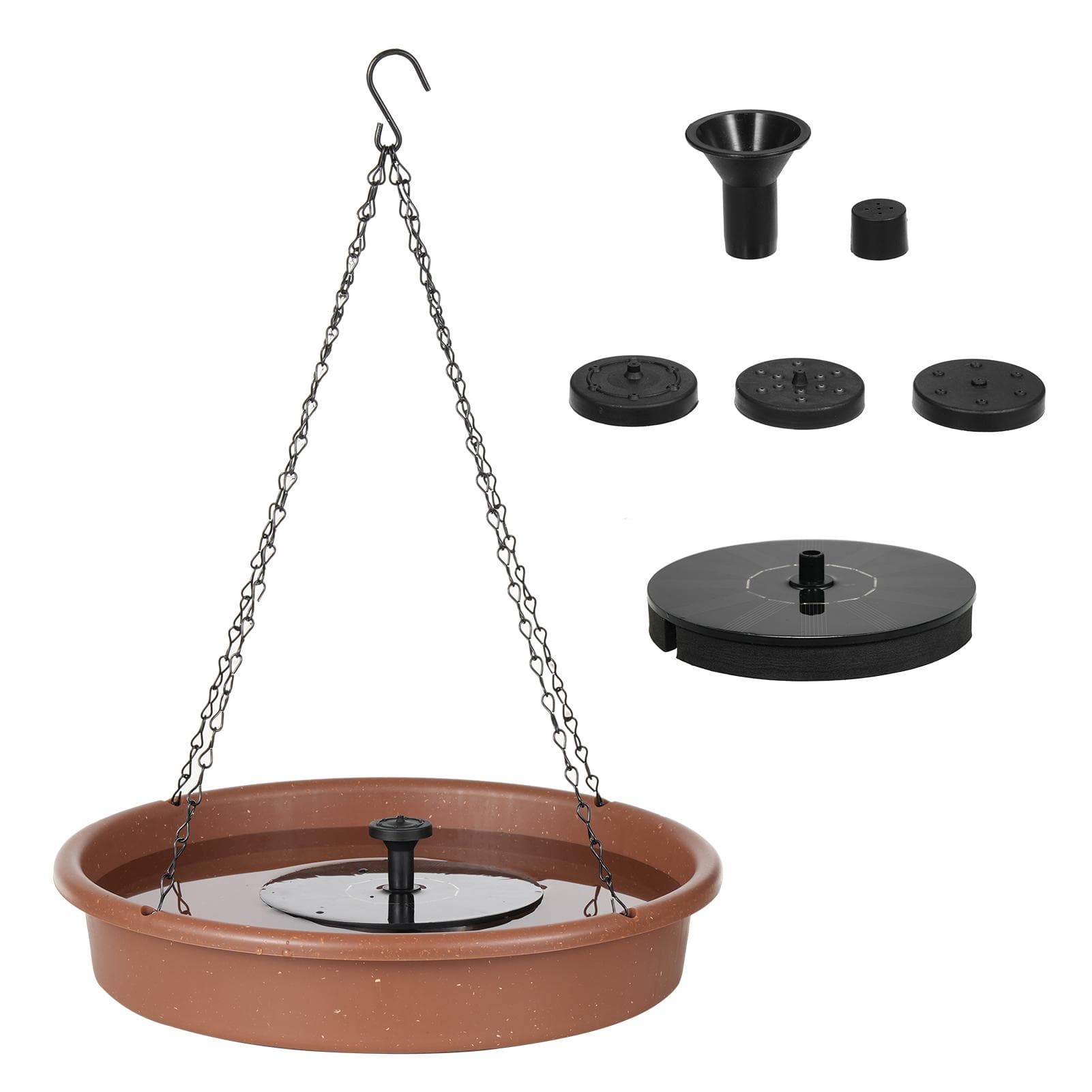 Garden Courtyard Bird Feeding Tray Support Tool Set with Solar Fountain Pump with Solar Fountain Pump brown