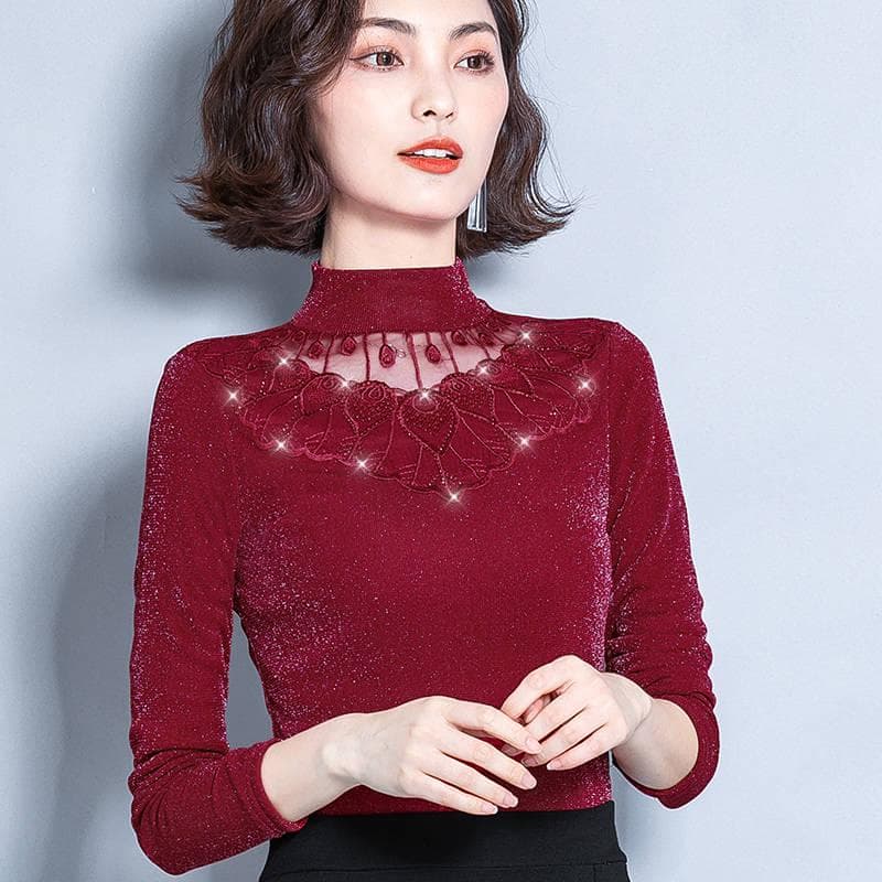 Women Autumn Winter Plus Velvet  Lace Thick Pullover Tight Sexy Bottoming Sweaters Long Sleeve XXXXXL wine red