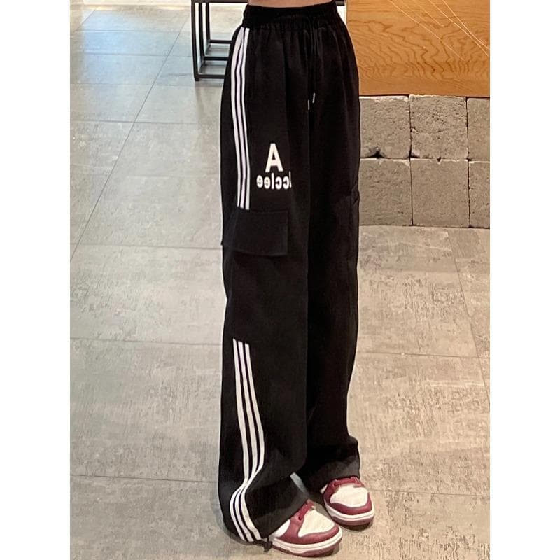 Spring and Autumn Three-bar Casual Sport Pants for Women Loose Straight High Waist Draped Wide Legs Work Pants 4XL black
