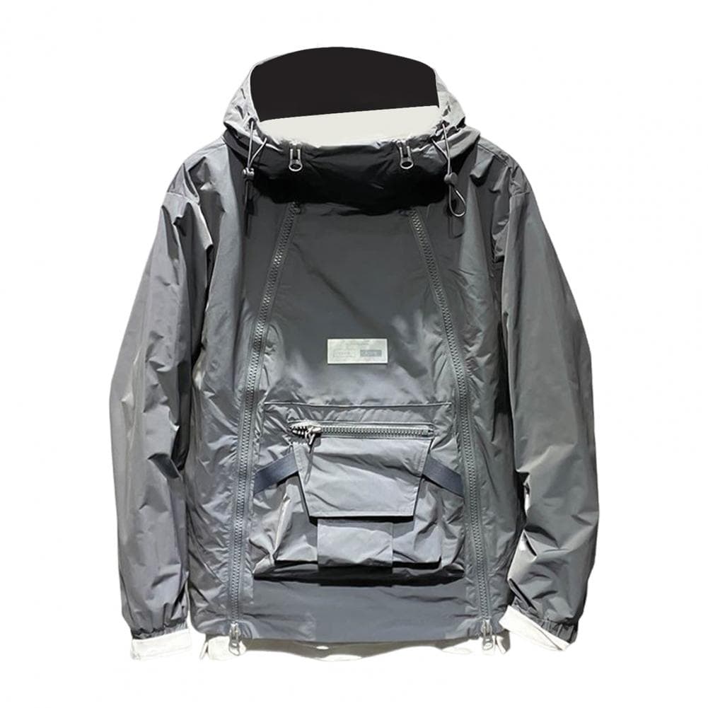 Men Trench Coat Hooded Drawstring Long Sleeve Double Zipper Cargo Tops Solid Color Large Pocket Street Style Outwear L grey
