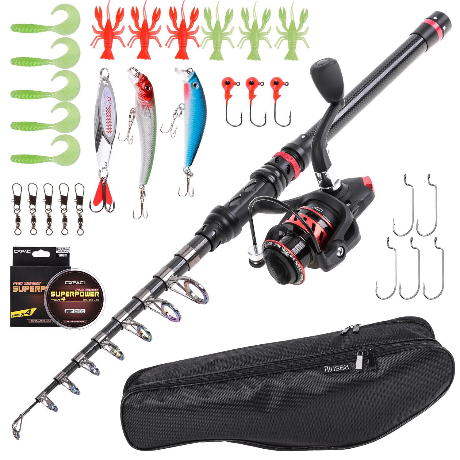 Blusea Fishing Rod and Reel Combo Carbon Fiber Telescopic Fishing Rod with Spinning Reel Combo 3.0M