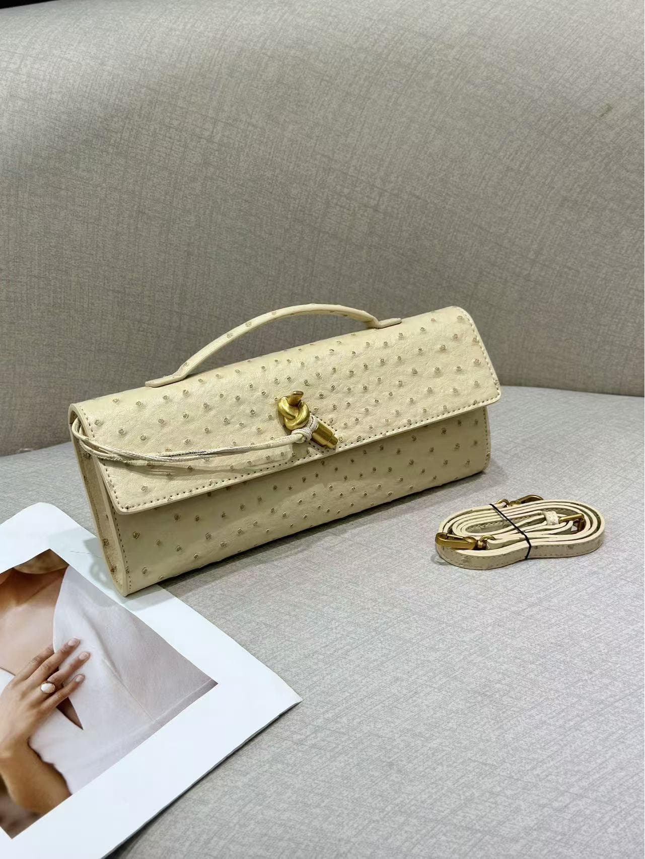 2025 Handmade Ostrich Pattern Baguette Evening Bag - Exquisite Shoulder & Crossbody Handbag Standard (Custom Hardware) cream/yellow