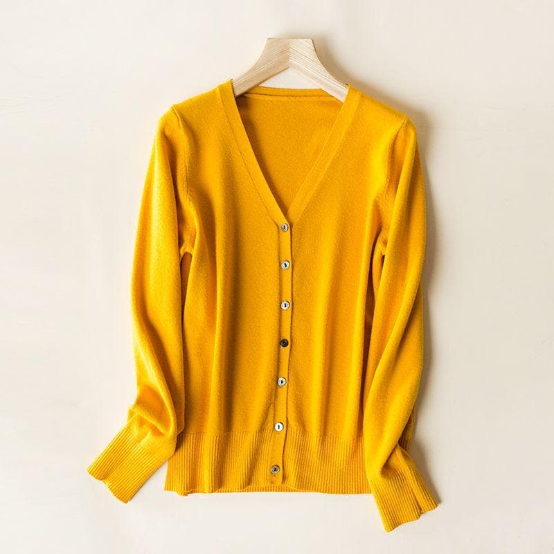 Women Cardigans Autumn Winter Single Breasted V-neck Knitted Sweater Fashion Short Knitwear Solid Jumpers S yellow