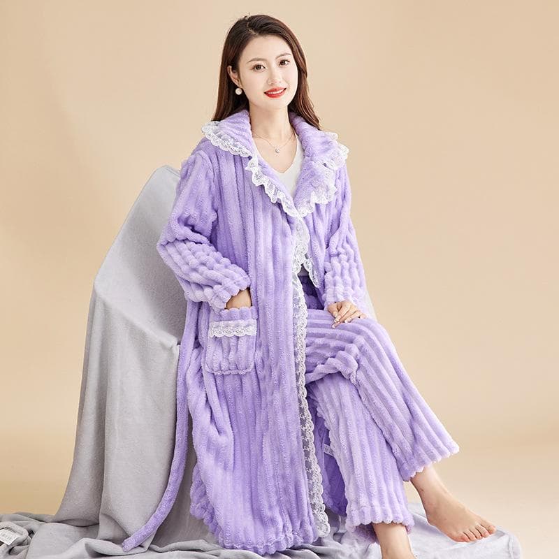 With Pockets Comfortable Pajamas Sets Home Clohtes Winter Warm Thicked Plush Pajamas Sets Women Long Sleeve Women Fuzzy Pajama M purple