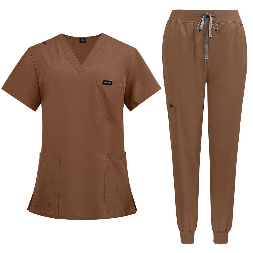 Scrubs for Women Set Jogger Pants Henley Two Piece Tops and Pants V Neck Stretchy Nurse Working Uniform with Pocket M brown