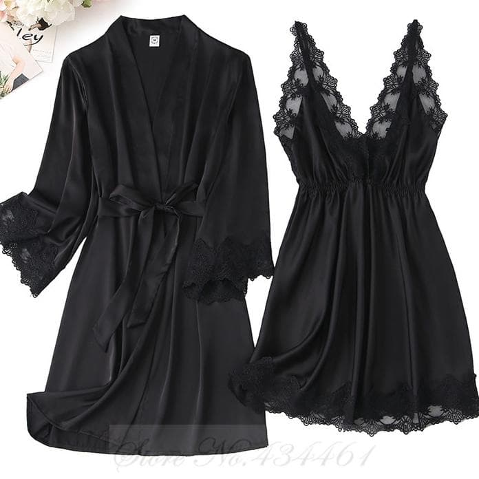 Black Lace Trim 2PCS Robe Nightgown Set Spring Summer Women Sleepwear Nightdress Sexy Bathrobe Underwear Loose Satin Home Wear L