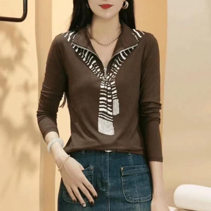 Spring and Autumn New Zipper Lapel Fashionable Solid Color Casual Slim Long-sleeved Top Base Shirt 5XL
