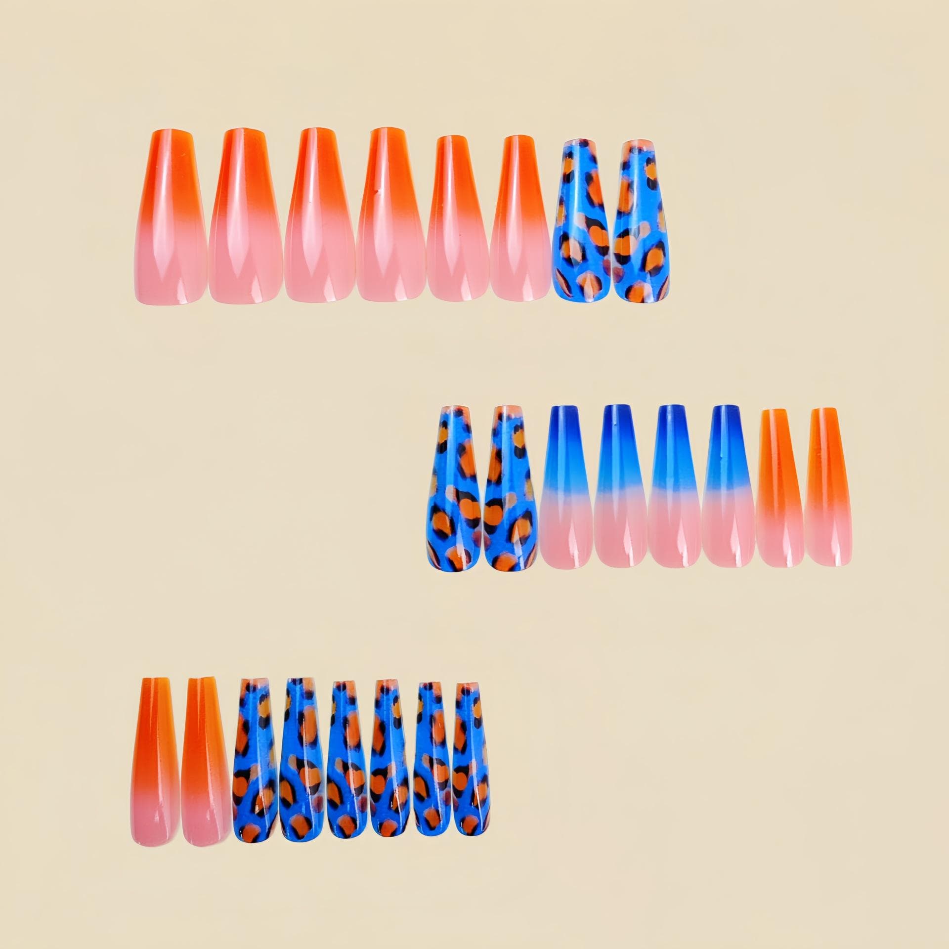 24Pcs Long Blue & Orange Leopard Print Nail Art Stickers, Removable Fashion Press On Nails For Summer, Elegant Fake Nails Nail Supplies
