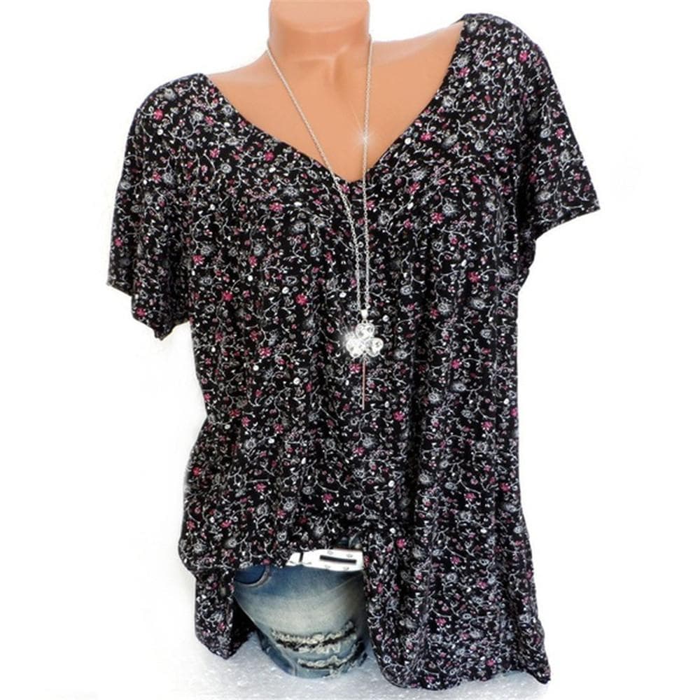 GMXIA Women's Fashion Casual Summer Floral Print Short Sleeve V-Neck Blouses & Shirts XXXXL black