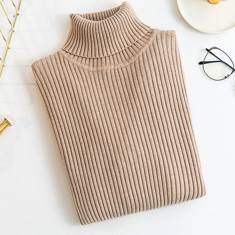 Fashion Slim Fit Knitted Tops Office-lady Long Sleeve Soft Sweater Women 2023 Autumn Winter Elegant Turtleneck Pullovers 28980 One Size khaki