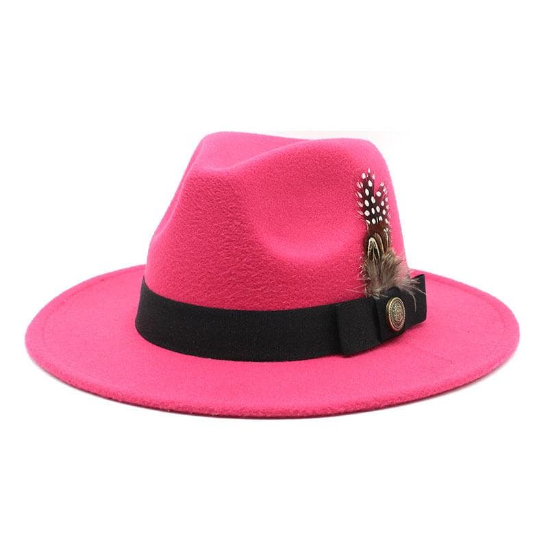 White Woolen Gentleman Classic British Jazz Feather Top Hat Wide Brim Party Church Wedding Fedora Hats Men Women Panama Felt Cap L 59-60cm rose red