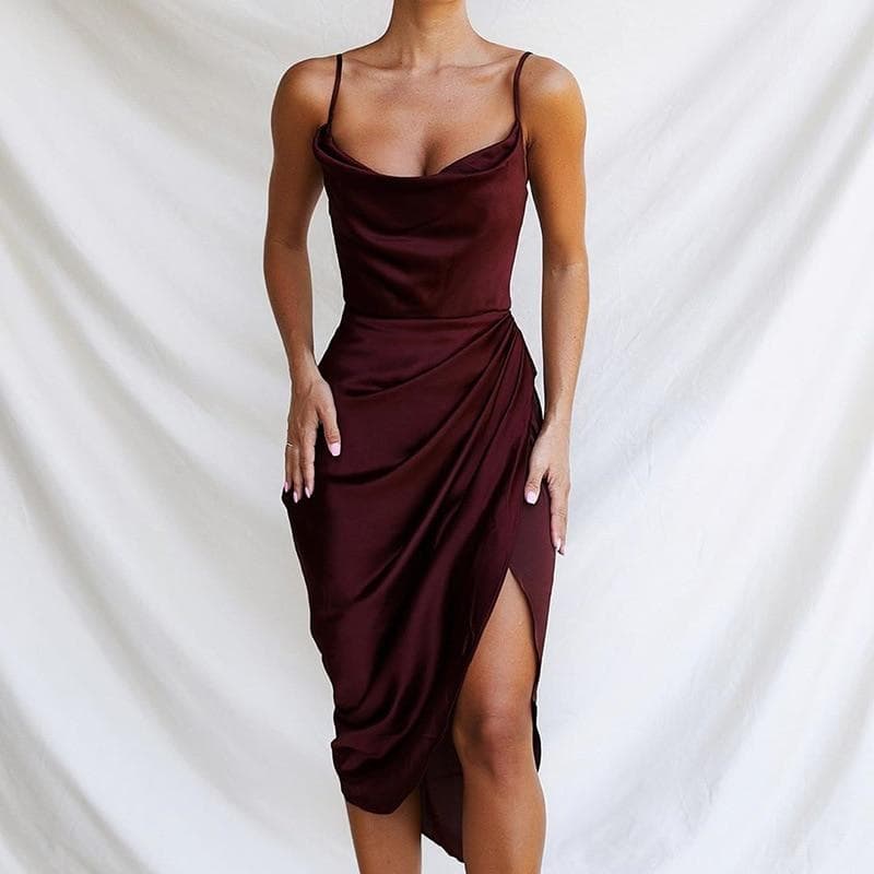 Spaghetti Strap Women Dress Satin Sleeveless Solid Corset Summer Bodycon Dress Elegant Party Club Split Long Dress L wine red