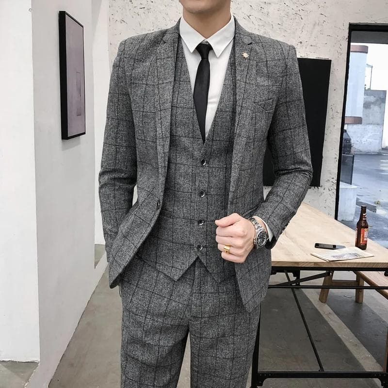 Jacket + Vest + Pants Men's Fashion Boutique Plaid Formal Business Suit Slim Stripe Wedding Blazers Coat Trousers Waistcoat Plus Size 2XL grey