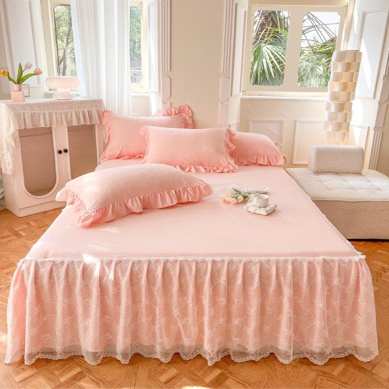 100% Cotton Princess Lace Bed Skirt + 2 Piece Pillowcases Bedding Bedspreads Sheet Pink Lace Bedding Set Bed For Girl Bed Cover Full 150x200cm 3pcs