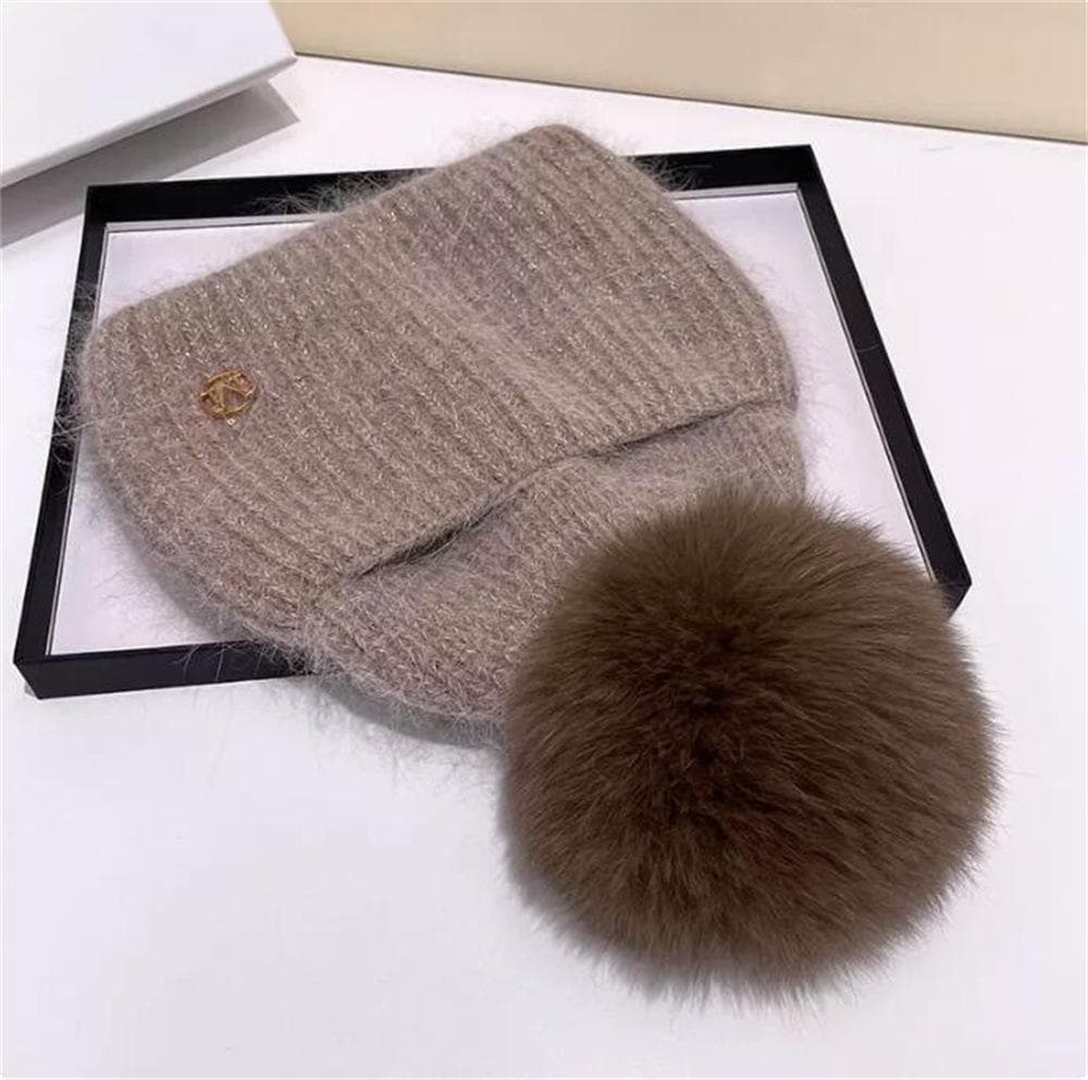 Real Fox Fur Beanie With Pom Pom Warm Winter Hat for Women Girls Natural Pompom Hat Outdoor SKI Knitted Thick Cap dark khaki