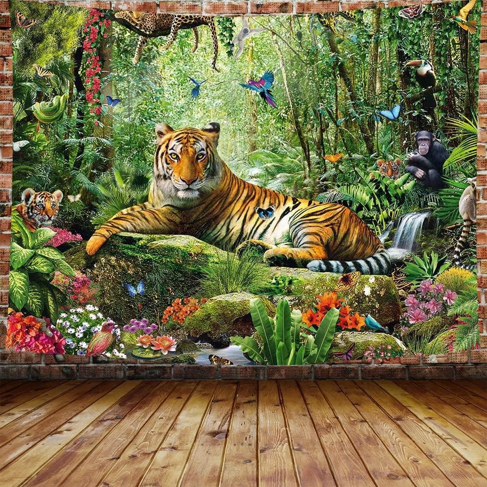 King of The Forest Tiger Tapestry Forest Animal Wall Hanging Tropical Rainforest Landscape for Living Room Dorm Bedroom Home 150x150cm