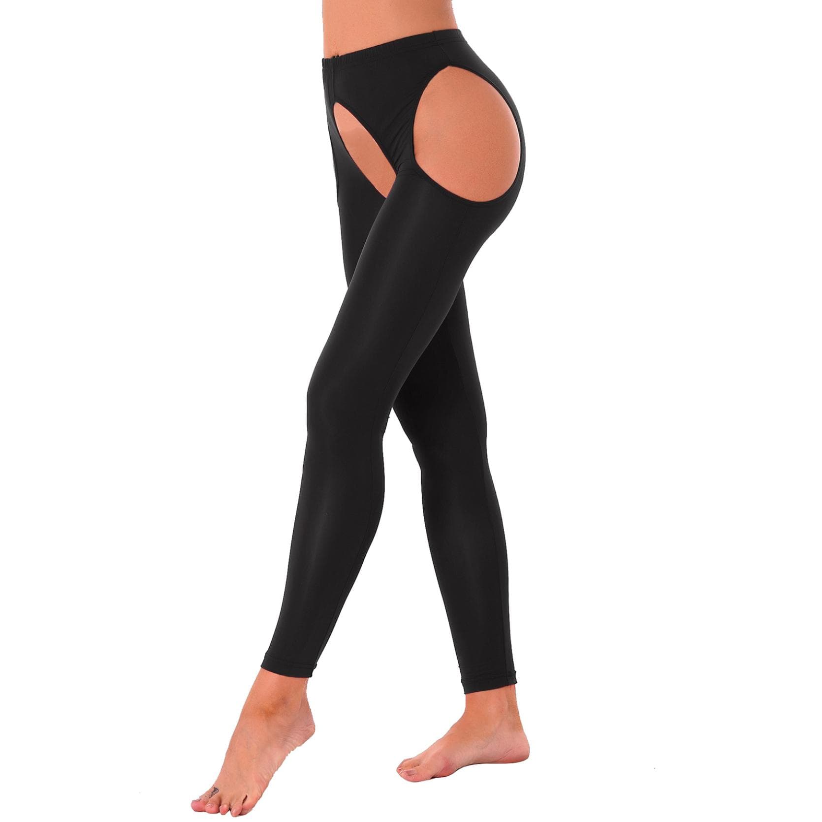 Womens Fashion Pants Shiny Metallic Hollow Out Stretchy Tights Pants Leggings Sexy Lingerie One Size black