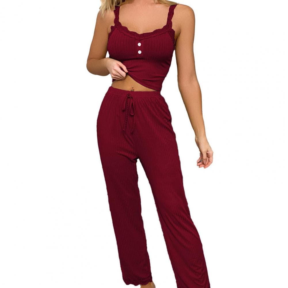 Women Pajama Set Elegant Floral Crop Top Pants Set with V Neck Drawstring Waist Women's Sleeveless Pajama Loungewear Ensemble XXXL wine red