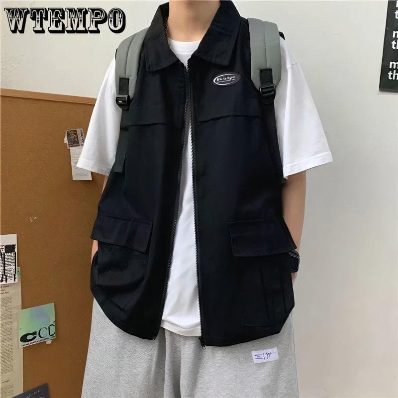 Spring and Autumn Vest Men's Jacket Outer Wear Work Style Youth Hong Kong Style Vest Men Gang Handsome Black Vest Jacket XXL black