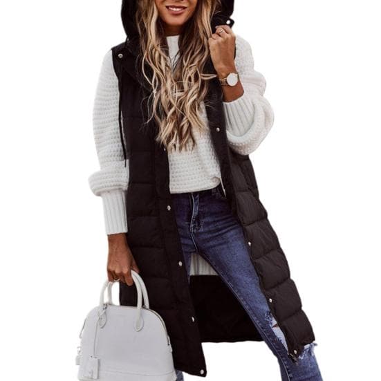 Women Vest Coat Padded Solid Color Sleeveless Hooded Drawstring Single-breasted Mid Length Slim Fit Zipper Hem Pockets XL black