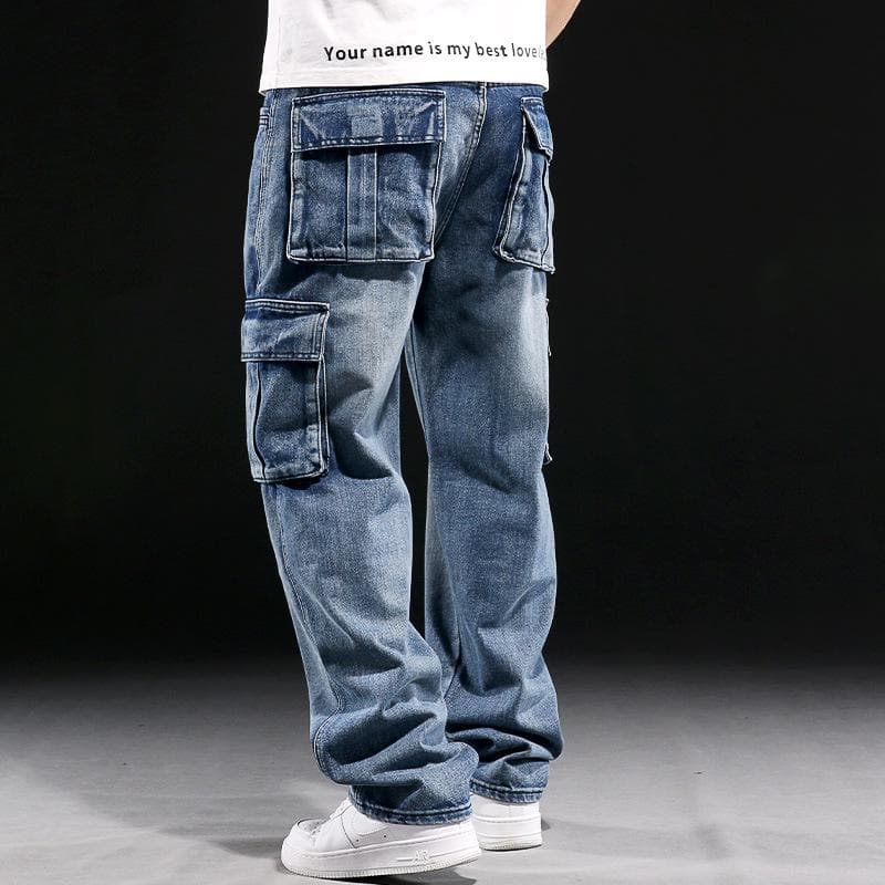 Men's American-Style Multi-Pocket Wide-Leg Loose Workwear Jeans, Large Size 30
