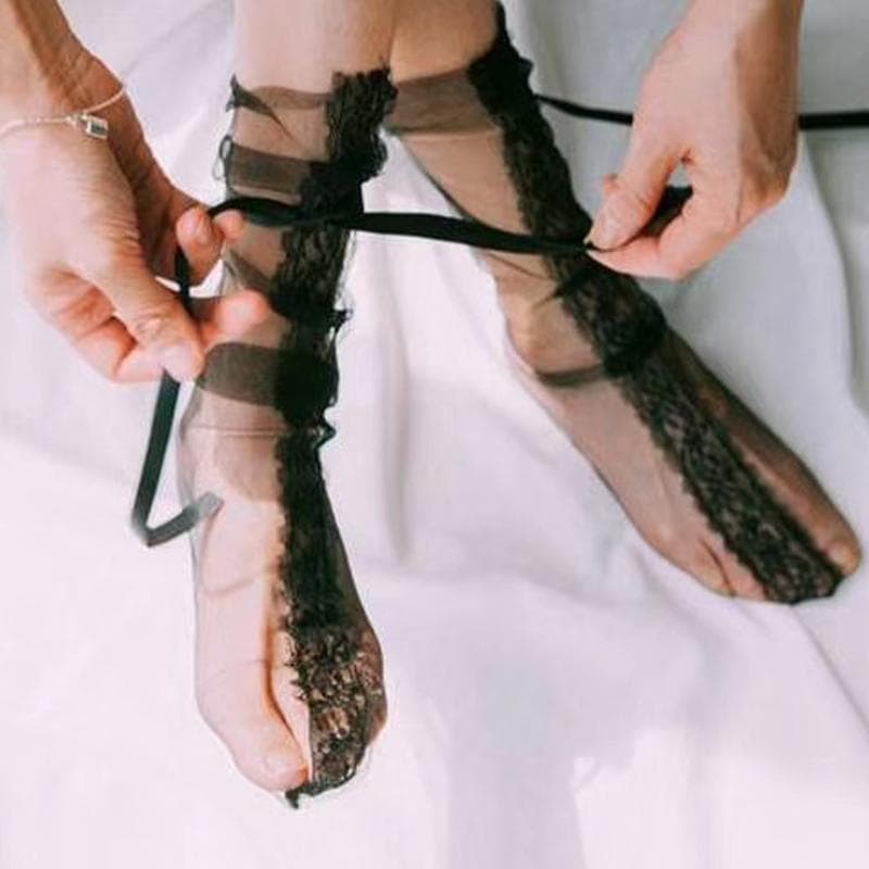 Sexy Lace Socks Women's Transparent Mesh Ultra-Thin Bow Cute Socks for Ladies Fashion Lolita 2023 New Black White Socks Women One Size black
