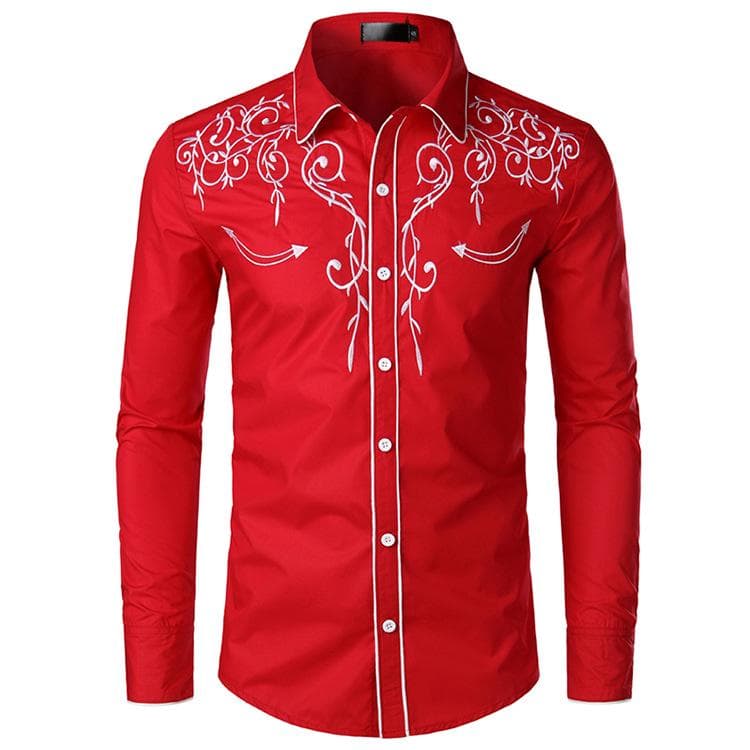 Mens Western Cowboy Embroidered Shirt Slim Fit Casual Long Sleeve Button Down Party Shirts S-2XL S red