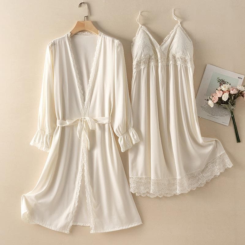 Women 2PCS Robe Nightgown Set Sleepwear Sexy Lace Trim Bathrobe Gown Nightdress Summer New Loose Silk Satin Home Wear Loungewear M