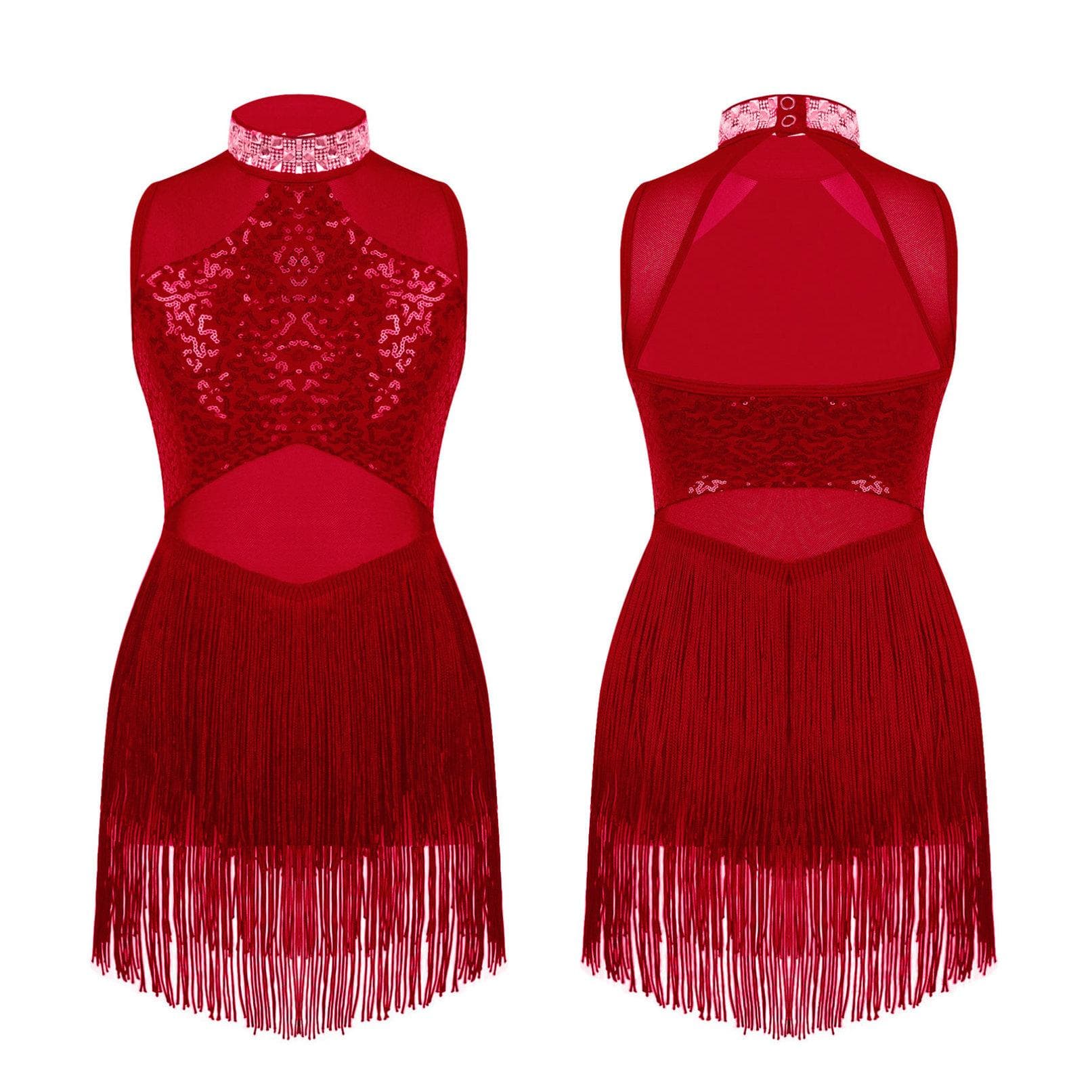 Girls Shiny Rhinestone Sequin Jazz Dance Dress Sheer Mesh Tassel Hem Skating Ballet Leotards Dresses Stage Performance Dancewear 15-16 Years burgundy