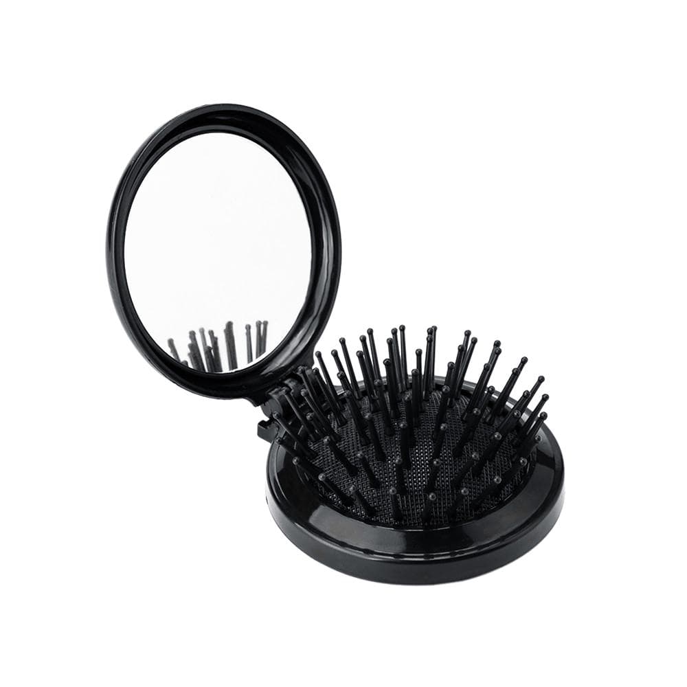 Mini Pocket Hair Comb with Mirror Folding Brush Travel Hair Brush black