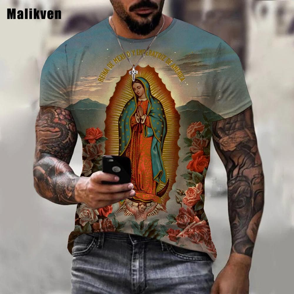 Guadalupe Virgin Mary Catholic Printed 3D T-shirt Men Summer Fashion Casual Clothes Harajuku Streetwear Tees Tops XL