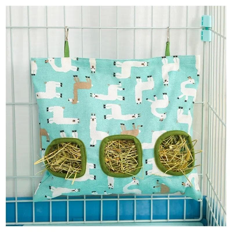 Hanging Feeding Bag Pet Hay Bag for Guinea Pigs Small Animal Feeder Rabbit 3 Holes Food Dispensers Bag Rack Cage Accessories green